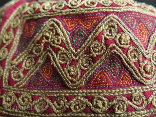 Afghan Metallic and Silk Embroidered Hat. Fine silk and strong metallic running and couching stitch embroidery. Size: 5.9" - 15 cm high and 7.1" - 18 cm wide in diameters.   