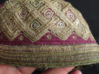 Afghan Metallic and Silk Embroidered Hat. Fine silk and strong metallic running and couching stitch embroidery. Size: 5.9" - 15 cm high and 7.1" - 18 cm wide in diameters.   