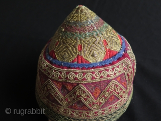 Afghan Metallic and Silk Embroidered Hat. Fine silk and strong metallic running and couching stitch embroidery. Size: 5.9" - 15 cm high and 7.1" - 18 cm wide in diameters.   