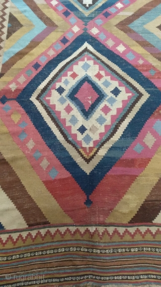 Antique Qashqai kilim. Some old restorations done on it and some other areas need more. Found as it is. Size: 137 cm x 270 cm.        