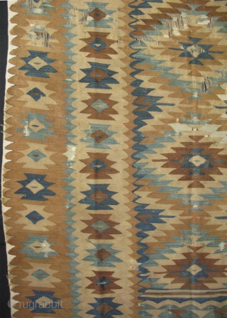 Manastir kilim. It has some condition issues. Circa late 19th Century. 
Some areas bright white color is cotton.
Size: 59" x 87" - 150 cm x 220 cm.      