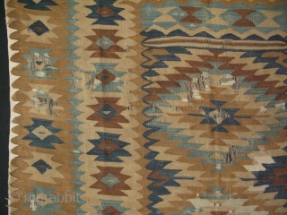 Manastir kilim. It has some condition issues. Circa late 19th Century. 
Some areas bright white color is cotton.
Size: 59" x 87" - 150 cm x 220 cm.      