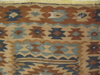 Manastir kilim. It has some condition issues. Circa late 19th Century. 
Some areas bright white color is cotton.
Size: 59" x 87" - 150 cm x 220 cm.      