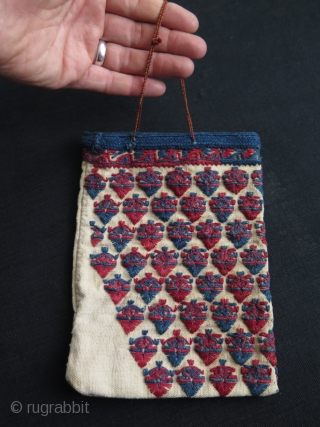 Greek embroidered small bag. Cotton embroidery on cotton. Holder is fine silk braiding. Circa early 20th century. Size: 6" x 8" - 15 cm x 20.5 cm.      