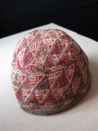 Turkmen Chodor antique tribal hat, silk embroidery with traditional Chodor designs. circa 1900 - Size- 7" in diameter - 5.1/2" tall.            