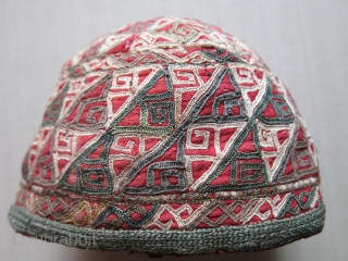 Turkmen Chodor antique tribal hat, silk embroidery with traditional Chodor designs. circa 1900 - Size- 7" in diameter - 5.1/2" tall.            