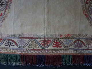 Kirgiz ceremonial horse blanket, silk and wool embroidery on hand loomed cotton. Corroded reds are wool. Printed cotton backing. Circa 1900 - 1920, size : 34" by 56" at bottom - 140  ...