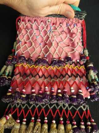 Uzbekistan small bag. Silk tassels and trade glass beads. Size: height with tassels 9.8" - 25 cm and width 5.5" - 14 cm.          