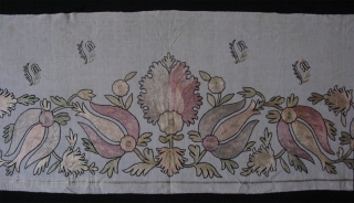 Ottomasn Textile. Silk fine chain stitch embroidery. Little wear in center blossoming flower. Circa 1900's. Size: 19" x 70" - 48cm x 177cm.          