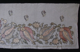 Ottomasn Textile. Silk fine chain stitch embroidery. Little wear in center blossoming flower. Circa 1900's. Size: 19" x 70" - 48cm x 177cm.          