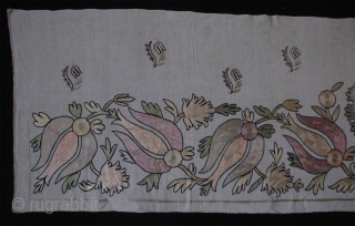 Ottomasn Textile. Silk fine chain stitch embroidery. Little wear in center blossoming flower. Circa 1900's. Size: 19" x 70" - 48cm x 177cm.          