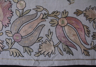 Ottomasn Textile. Silk fine chain stitch embroidery. Little wear in center blossoming flower. Circa 1900's. Size: 19" x 70" - 48cm x 177cm.          