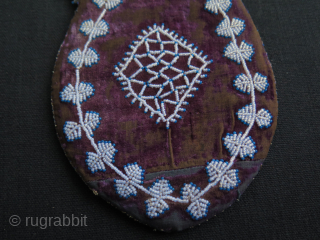 Antique Ottoman Silk velvet pouch decorated with glass beads. Size;13 cm wide and 21 cm High.                 