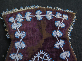 Antique Ottoman Silk velvet pouch decorated with glass beads. Size;13 cm wide and 21 cm High.                 