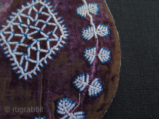 Antique Ottoman Silk velvet pouch decorated with glass beads. Size;13 cm wide and 21 cm High.                 