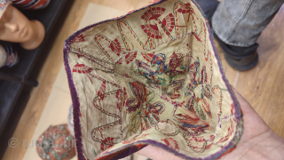 Antique Azerbaijan Silk on Silk Embroidered Childs Skullcap.

Some damages around it, l tried to show as much as possible on images.
Size: height 14.5cm and 41cm in circumference      
