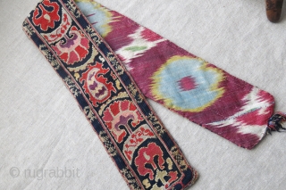 Uzbekistan Bokhara silk cross stitch embroidered belt, backing ikat has replaced with an old one. natural colors, no wool corrosion. circa 1900 or ealier - size : 30" X 3.5".   