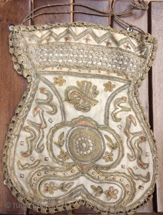 Antique Ottoman Pouch, silk and silver embroidered.Size 19 cm x 24 cm                     