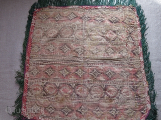 Kirgiz tent hanging - mirror cover, wool trade cloth patchwork with printed cotton backing. Silk tassels on all sides. Circa 1900 - size 17" X 17" - 44 cm X 44 cm 