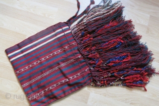 South Eastern Turkey - Kurdish ethnic baby carrier - Barzuk- Barzum. All wool warp-face weave with long wool tassels. They have extra braided strap to tie up from corners and it goes  ...