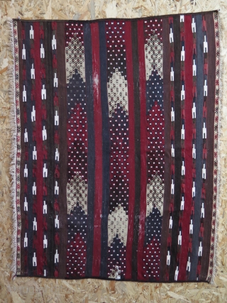 Turkmen Small Kilim. Early 20th century. Some worn areas. Size: 37.5" x 47.5" - 96 cm x 124 cm.              