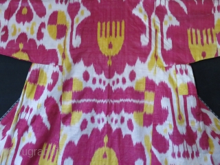 Uzbekistan – Bokhara antique Silk adras Ikat chapan. Saturated yellow and light cocheneal colors are used in a harmony. Lined with printed floral design cotton and cotton facing. It is in pretty  ...