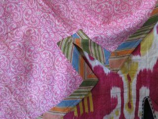 Uzbekistan – Bokhara antique Silk adras Ikat chapan. Saturated yellow and light cocheneal colors are used in a harmony. Lined with printed floral design cotton and cotton facing. It is in pretty  ...