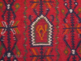 Antique Balkan Sarkoy kilim, woven in three panels in design of 2-1-2. Strong saturated colors. One little stain about 2" x 2". Circa 1900 - 1920. Size: 66" x 98" - 167  ...