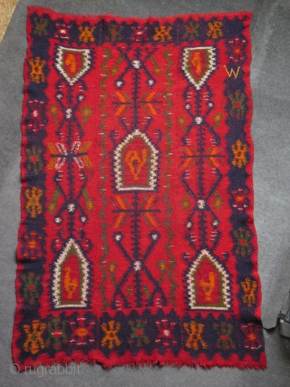 Antique Balkan Sarkoy kilim, woven in three panels in design of 2-1-2. Strong saturated colors. One little stain about 2" x 2". Circa 1900 - 1920. Size: 66" x 98" - 167  ...