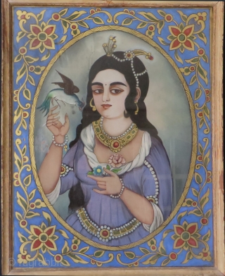 Persia - Kajar under glass painting mix with gold - Kajar Princess. Circa 1880-1900 or earlier. In great condition, Size 17" x 13"  (43cm x 33cm)      