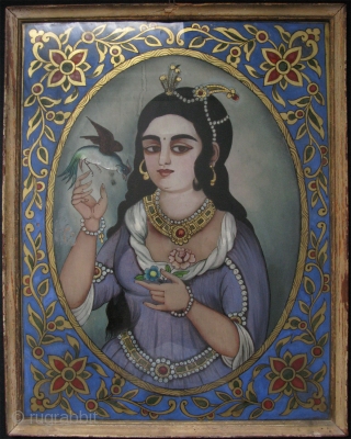 Persia - Kajar under glass painting mix with gold - Kajar Princess. Circa 1880-1900 or earlier. In great condition, Size 17" x 13"  (43cm x 33cm)      