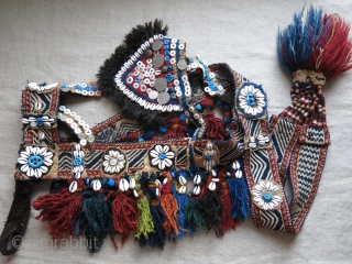 Southwest of Persia- Qashkai animal trapping- head wear. Cowry shells, buttons and other ornaments with tassels with an old Qashkai strap.            