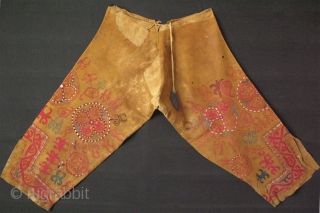 Kirgiz leather tribal panths. Both side fine silk embroidery with traditional talismanic designs. Circa : second half of 19th cent.             