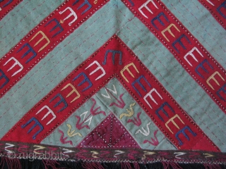 Turkmen hanging. Silk embroidery on banat. Size:  17" x 18" - 43 cm x 46 cm without tassels.              