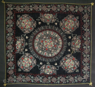 Central Asia, Kirghiz wall or bedding pile hanging. Silk very fine chain stitch embroidery on velvet with traditional wild crocus floral designs.. Circa 1920-30s. Size: 50" x 53" - 127cm x 136cm. 