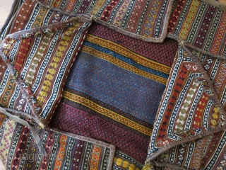 South Persia, Qashkai tribal migration bedding bag. All wool with mostly natural colors and with leather straps. Circa 1920 -1930. Size : 39" X 23"  - 99 cm X 58 cm 