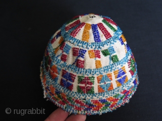 Syrian Durzi beaded hat. Glass beads on cotton.                         