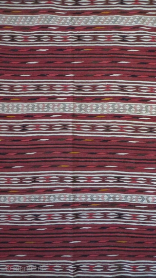 Turkmen very finely woven kilim from Afghanistan. All wool very minor hole repairs with old wool. Still can be used on the floor. Circa 1900 -1920s. Size: 91" by 50"   
