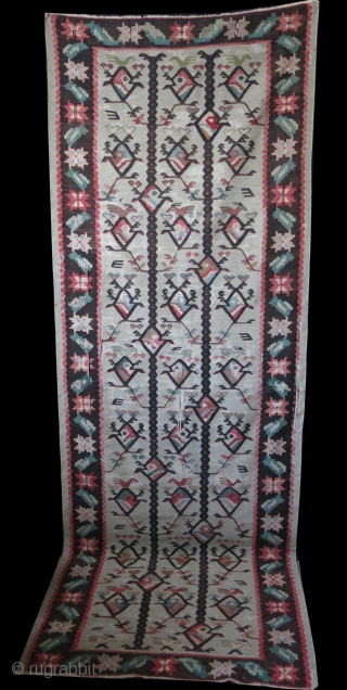 Balkan kilim. Some worn areas as can be seen on photos. Size 39.3" x 114" - 100 cm x 290 cm.            