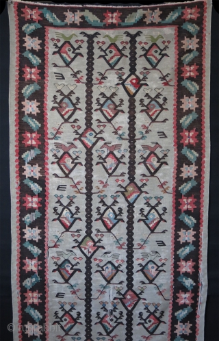 Balkan kilim. Some worn areas as can be seen on photos. Size 39.3" x 114" - 100 cm x 290 cm.            