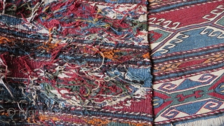 Caucasian very fine sumak woven bedding bag side panel natural colors. Size: 17" x 46" - 44cm x 118cm.              
