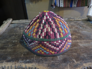 Turkmen Hat. Some silk and cotton embroidery on cotton base. Height 11 cm - 4.3" and in diameters 18 cm - 7"           