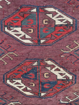 Archaic Yomut with a design S. Azadi calls Karadashli, a main carpet fragment circa 1800 with C guls and Dynak minors, deeply saturated color, uniform extensive wear, and verso sharkskin handle.
Please contact  ...