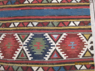 Shirvan Kilim, 19th C. Good condition with only minor wear. Macrame ends. All natural dyes, including an uncommon light green. 9 X 4 ft. Washed.        