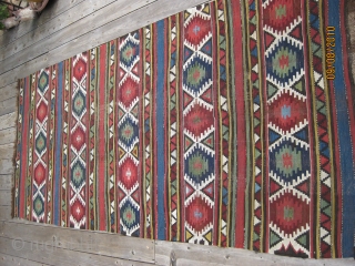 Shirvan Kilim, 19th C. Good condition with only minor wear. Macrame ends. All natural dyes, including an uncommon light green. 9 X 4 ft. Washed.        