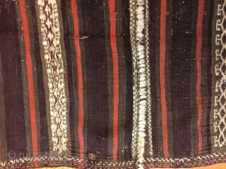 Antique Balouch Kilim with all good colors including generous amounts of aubergine. Old repairs and wear as seen in photos, otherwise in good condition.
Size: 7' X 2'8"/213 X 81cm. Washed. Buyer pays  ...