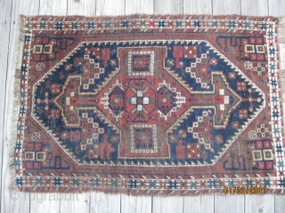 19th C. small Anatolian Bergama. 48 X 33 in. (122 X 84 cm). All colors
derived from natural dyes. Good, soft glossy pile but low in some areas. Nice handle. Missing most side  ...