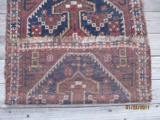 19th C. small Anatolian Bergama. 48 X 33 in. (122 X 84 cm). All colors
derived from natural dyes. Good, soft glossy pile but low in some areas. Nice handle. Missing most side  ...