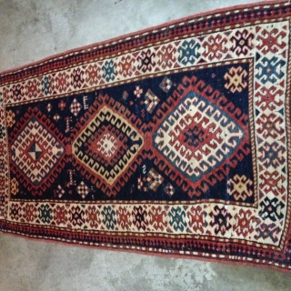 Gorgeous Bordalou Kazak ca 1880s. Classic design and all natural saturated dyes. Mostly full and medium pile with lower pile in the center. A several inch repair of one corner, professional done.  ...