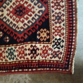 Gorgeous Bordalou Kazak ca 1880s. Classic design and all natural saturated dyes. Mostly full and medium pile with lower pile in the center. A several inch repair of one corner, professional done.  ...